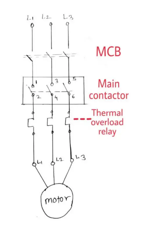Dol starter power circuit Diagram with MCB and contactor connection 