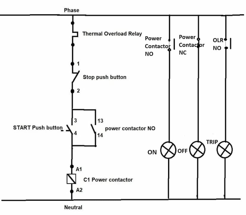 DOL Starter Control Diagram with indicator lamps 