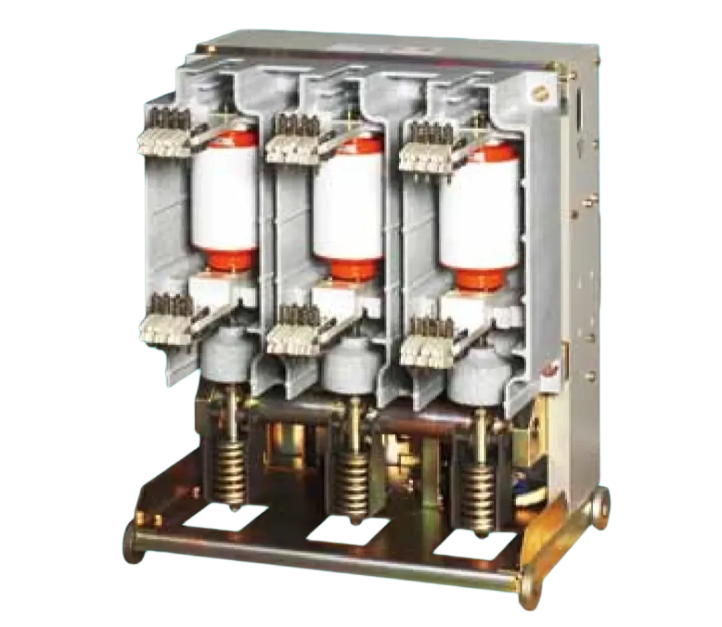 Image showing a vacuum circuit breaker, an electrical switching device used to control, protect, and isolate electrical circuits. The breaker is enclosed in a protective casing, with visible components such as vacuum tubes and control mechanisms